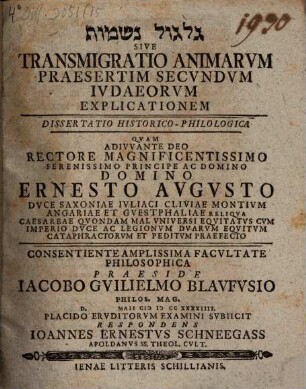 Gilgûll nešāmôt Sive Transmigratio Animarvm Praesertim Secvndvm Ivdaeorvm Explicationem : Dissertatio Historico-Philologica, [1]