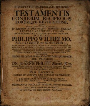 Dissertatio Inauguralis Juridica De Testamentis Conjugum Reciprocis Eorumqve Revocatione