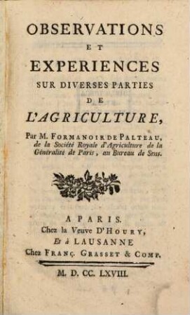 Observations et expériences sur diverses parties de l'agriculture