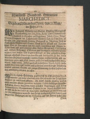 Churfürstl. Brandenb. Erneuertes March-Edict. Gegeben Cölln an der Spree/ den 22. Maii im Jahr 1678.
