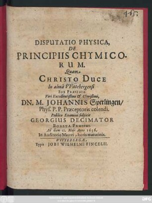 Disputatio Physica, De Principiis Chymicorum