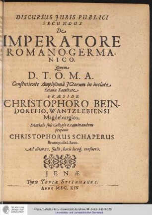 DISCURSUS JURIS PUBLICI SECUNDUS De IMPERATORE ROMANO GERMANICO.
