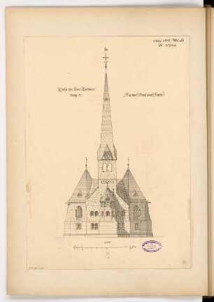 Evangelische Kirche, Conz bei Trier Monatskonkurrenz Mai 1892: Aufriss Choransicht 1:100; Maßstabsleiste