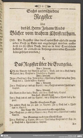 Sechs unterschiedene Register über des sel. Herrn Johann Arnds Büber vom wahren Christenthum