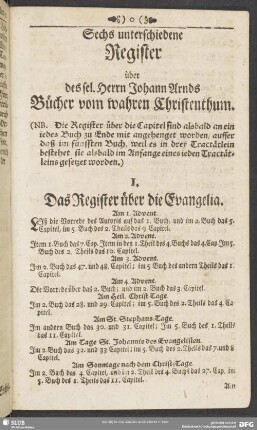 Sechs unterschiedene Register über des sel. Herrn Johann Arnds Büber vom wahren Christenthum