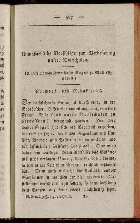 Unmaßgebliche Vorschläge zur Verbesserung unsrer Dorfschulen