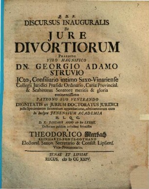 Discursus Inauguralis De Jure Divortiorum