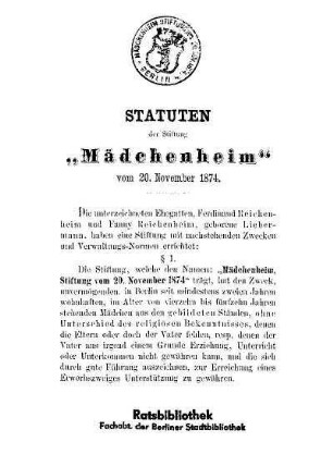 Statuten der Stiftung "Mädchenheim" : vom 20. November 1874