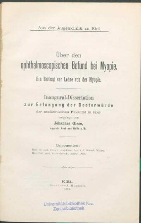 Über den ophthalmoscopischen Befund bei Myopie : ein Beitrag zur Lehre von der Myopie