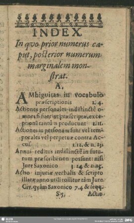 Index. In quo prior numerus caput, posterior numerum marginalem monstrat