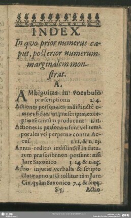 Index. In quo prior numerus caput, posterior numerum marginalem monstrat
