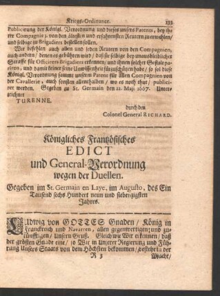 Königliches Französisches Edict und General-Verordnung wegen der Duellen.