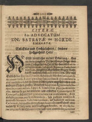 Litterae Ad Advocatum Dn. Satrapae De Hörde Emanatae