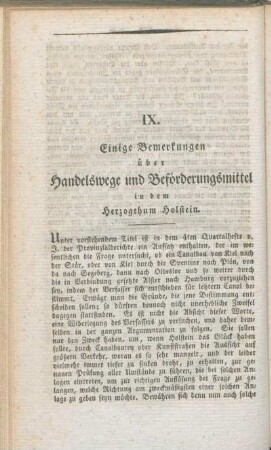 IX. Einige Bemerkungen über Handelswege und Beförderungsmittel in dem Herzoghtum Holstein.