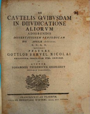 De cautelis quibusdam in diiudicatione aliorum adhibendis dissertationem periodicam