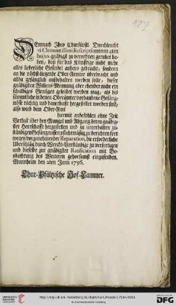Demnach Ihro Churfürstl. Durchleucht vi Clementissimi Rescripti unterm 4ten hujus gnädigst zu verordnen geruhet haben, daß für das Künfftige nicht mehr alles liederliche Gesindel anhero gebracht, sondern an die nächst-liegende Ober-Aemter überbracht und allda gefänglich aufbehalten werden solle ... : Mannheim den 2ten Junii 1756