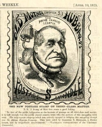 The new postage stamp on third-class matter. N.B. A Stamp of a Man that wants a good licking. [Anschließend folgt ein Textblock] : Gardner S. Hubbard wird auf einer Briefmarke als Hund dargestellt