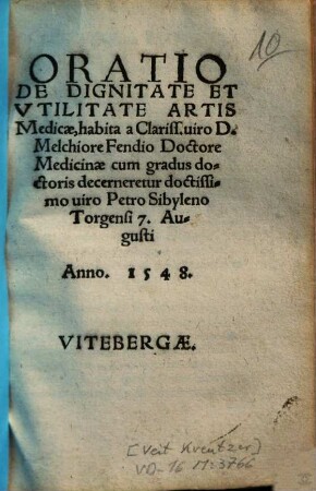 Oratio de dignitate et utilitate artis medicae