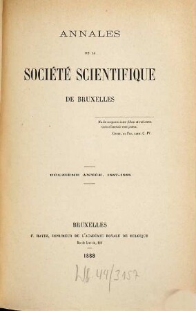 Annales de la Société Scientifique de Bruxelles. 12. 1887/88