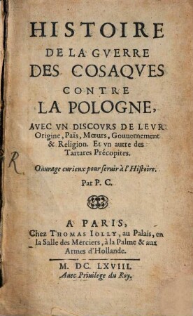 Histoire de la Guerre des Cosaques contre la Pologne