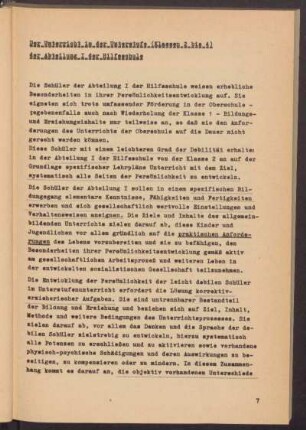 Der Unterricht in der Unterstufe (Klassen 2 bis 4) der Abteilung I der Hilfsschule