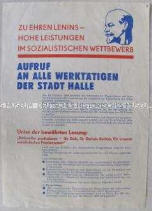 Propagandaflugblatt mit einem Aufruf zum sozialistischen Wettbewerb anlässlich des 100. Geburtstages von Lenin