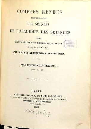 Comptes rendus hebdomadaires des séances de l'Académie des Sciences. 96, 96. 1883