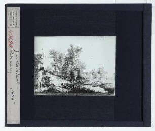 Ruisdael, Kleine Häuser und eine Baumgruppe an einem Fluss (Radierung)