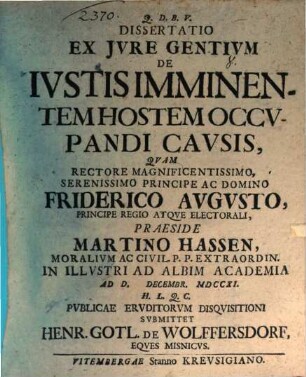 Diss. ex iure gentium de iustis imminentem hostem occupandi causis