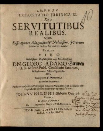 Exercitatio Iuridica XI. De Servitutibus Realibus