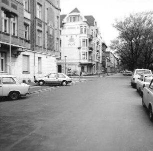 Cottbus-Mitte. Wernerstraße. Blick über die Kreuzung August-Bebel-Straße nach Süden gegen östliche Wohnbebauung