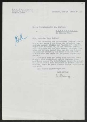 Brief von A. Harnapp an Gerhart Hauptmann