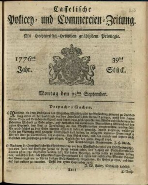39tes Stueck, Montag den 23ten September 1776