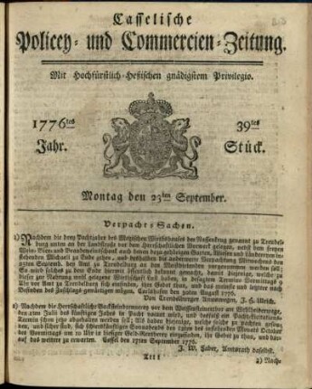 39tes Stueck, Montag den 23ten September 1776