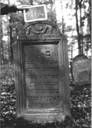 Grabstein 164 (Index: 99894841) Material: Sandstein Zustand: sehr gut Maße HxBxT: 122x59x12 cm Beschreibung: Stele mit eingezogenem Rundbogenabschluss Symbolik: Rosette, Girlande, Schuppenmuster: Grabstein 164
