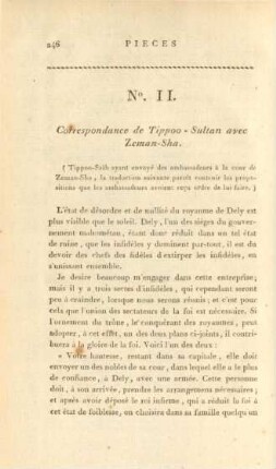 No. II. Correspondance de Tippoo - Sultan avec Zeman-Sha