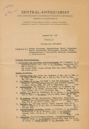 Nr. 732: Varia Verlagsneue Literatur