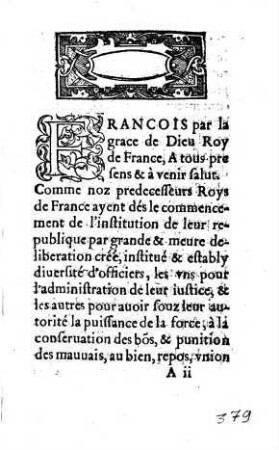 Edict Du Roy Sur La Residence personelle des Gouverneurs, Seneschaulx, Baillifz, Prevosts & leurs Lieutenans, sur les lieux de leurs offices