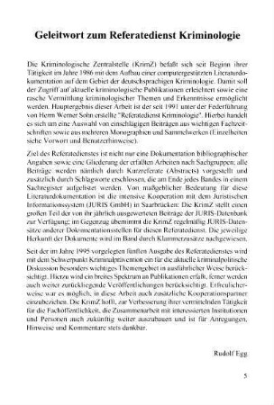 5, Geleitwort zum Referatedienst Kriminologie