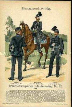 Uniformdarstellung, Offiziere und Stabsoffizier des Braunschweigischen Infanterie-Regiments Nr. 92, Herzogtum Braunschweig, 1880.