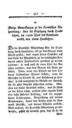 Einige Bemerkungen zu der Cromischen Abhandlung : über die Erziehung durch Hauslehrer ; im 10ten Theil des Revisionswerks