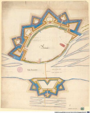 Entwürfe, Grundrisse (Ichnographie), stereometrische und szenographische Projektionen für eine Neubefestigung von Braunau am Inn/OÖ des 18. Jahrhunderts - BSB Cod.icon. 180 tl(15 : Repräsentativer Gesamtgrundriss von Braunau am Inn/OÖ mit Stadtbefestigung und dem über eine Brücke verbundenen Brückenkopf