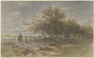 Landschaft mit Jäger und pflügendem Bauer