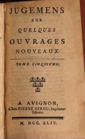 Jugemens sur quelques ouvrages nouveaux. 5. 1744