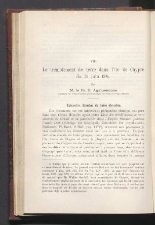 VIII. Le tremblement de terre dans l'île de Chypre du 29 juin 1896