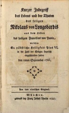 Kurzer Inbegriff des Lebens ... des seligen Nicolaus v. Longobardis