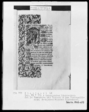 Liber horarum — Initiale D (eus) mit Betlehemitischem Kindermord und Flucht nach Ägypten, Folio 34recto