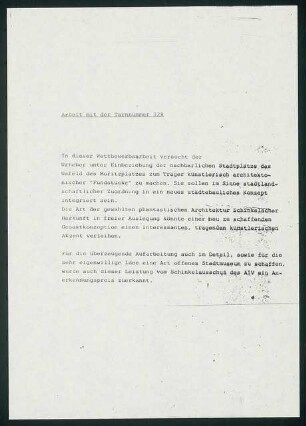 Moritzplatz, Berlin-Kreuzberg Schinkelwettbewerb 1983: Erläuterungsbericht (1 Blatt) und Zusammenfassung vom AIV