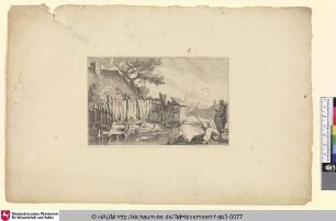 [A River View; Angler an einer Flusslandschaft mit Zaun und Bauernhaus]