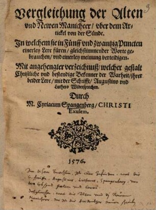 Vergleichung der Alten vnd Newen Manicheer, vber dem Artikel von der Sünde